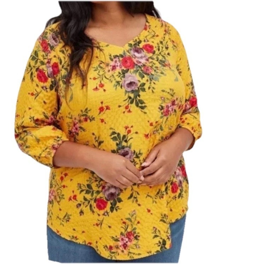 Torrid Yellow Colorful Floral Crinkle Flannel Tunic Pullover Blouse Size 3X